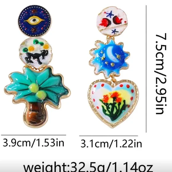 Unique Asymmetrical Colorful Enamel Dangle Drop Earrings New! - Picture 4 of 4